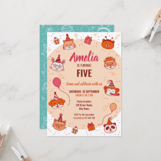 Cute happy party animals kids birthday invitation