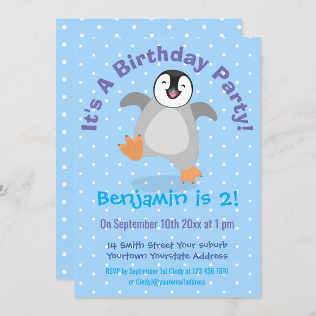 Cute happy penguin chick cartoon 2 years invitation (Front/Back)