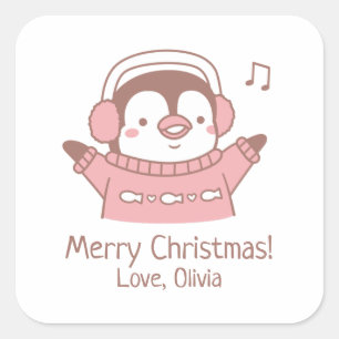 Cute Happy Penguin in Sweater, Merry Christmas Square Sticker
