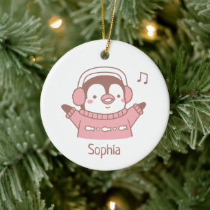 Cute Happy Penguin in Sweater Personalised Ceramic Ornament