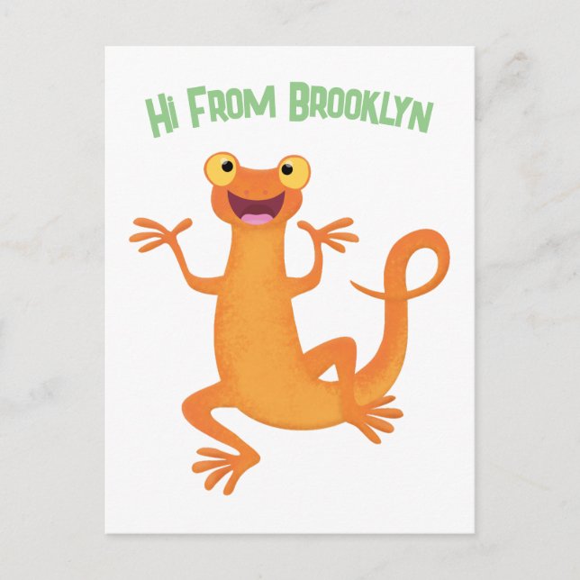 Cute happy personalised orange dancing newt postcard (Front)