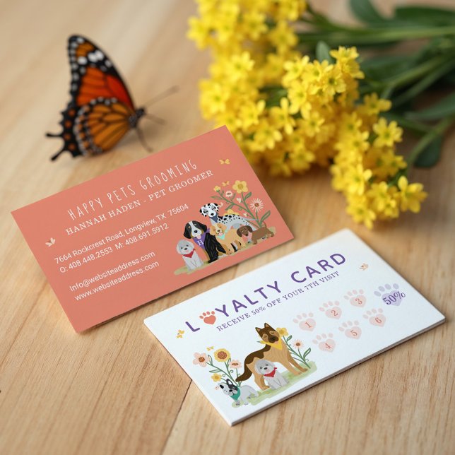 Cute Happy Pet Family Pet Care & Grooming Loyalty Business Card (Cute Happy Pet Family Pet Care & Grooming Loyalty Business Card)