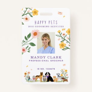 Cute Happy Pet Family Pet Care & Grooming Photo ID Badge