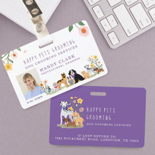 Cute Happy Pet Family Pet Care & Grooming Photo ID Badge