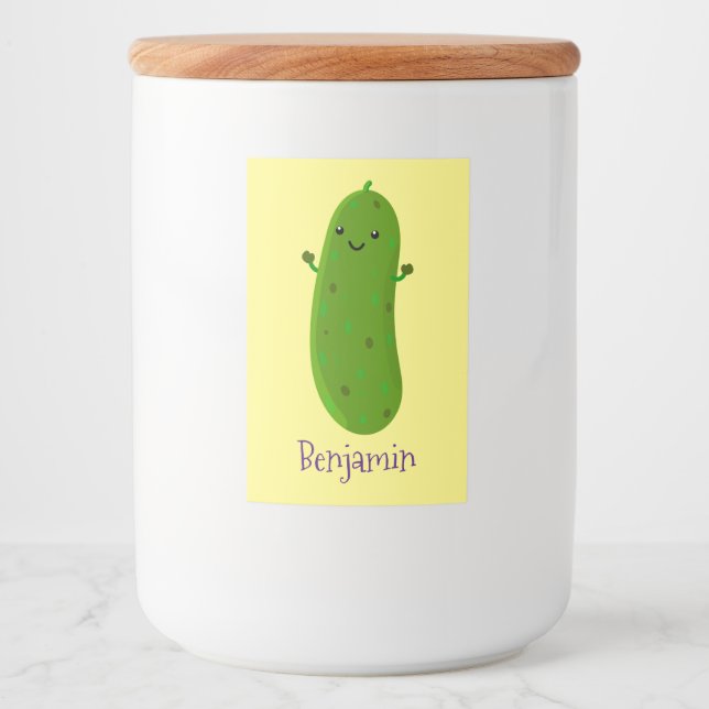 Cute happy pickle cartoon illustration food label (Front)