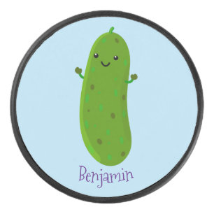Cute happy pickle cartoon illustration hockey puck