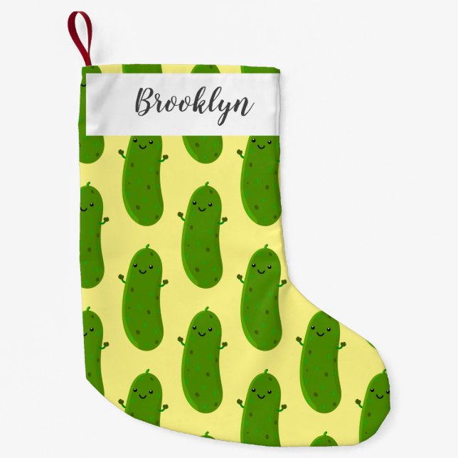 Cute happy pickle cartoon illustration small christmas stocking (Front)