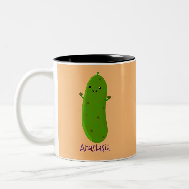 Cute happy pickle cartoon illustration Two-Tone coffee mug (Left)