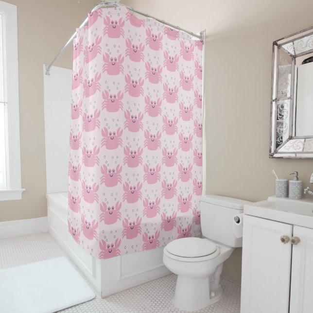 Cute Happy Pink Crab Pattern Shower Curtain (In Situ)