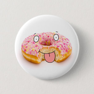 Cute happy pink doughnut character button