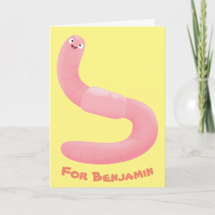 Cute happy pink earthworm cartoon card