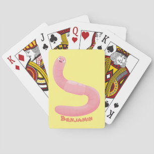 Cute happy pink earthworm cartoon playing cards