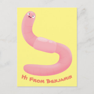 Cute happy pink earthworm cartoon postcard