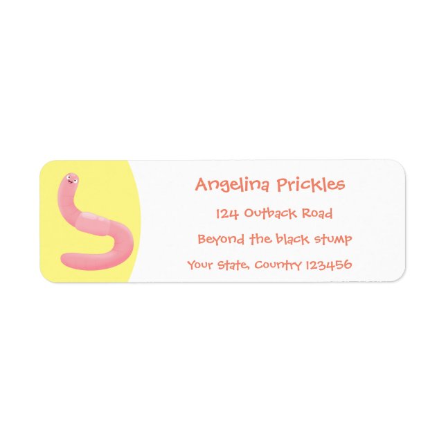 Cute happy pink earthworm cartoon return address label (Front)