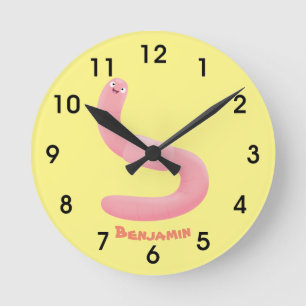 Cute happy pink earthworm cartoon round clock