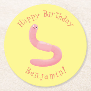 Cute happy pink earthworm cartoon round paper coaster