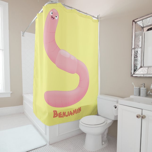 Cute happy pink earthworm cartoon shower curtain (In Situ)
