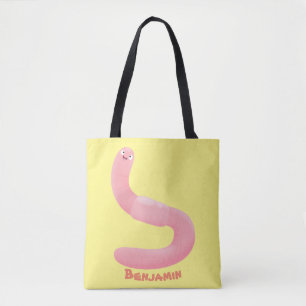 Cute happy pink earthworm cartoon tote bag