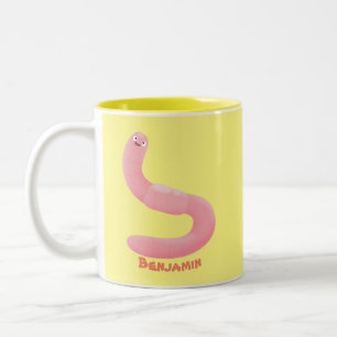Cute happy pink earthworm cartoon Two-Tone coffee mug