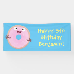 Cute happy pink glazed doughnut cartoon banner