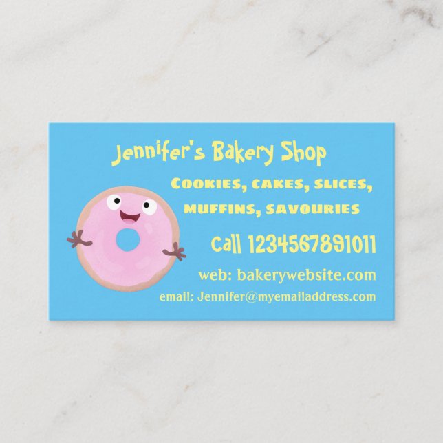 Cute happy pink glazed doughnut cartoon business card (Front)