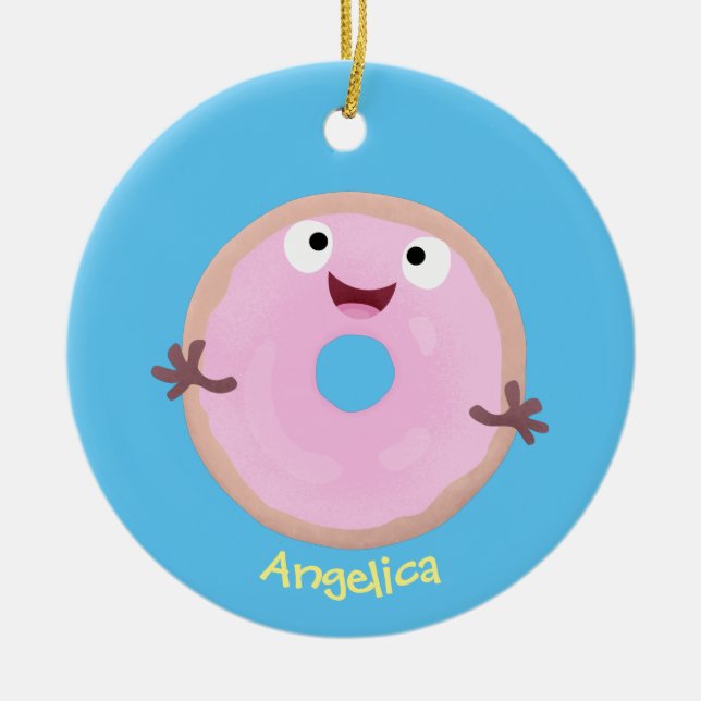 Cute happy pink glazed doughnut cartoon ceramic ornament (Front)