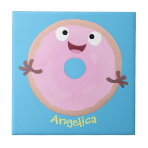 Cute happy pink glazed doughnut cartoon ceramic tile