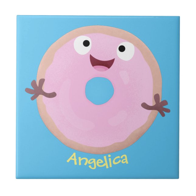 Cute happy pink glazed doughnut cartoon ceramic tile (Front)