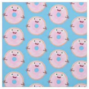 Cute happy pink glazed doughnut cartoon fabric