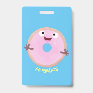 Cute happy pink glazed doughnut cartoon ID badge