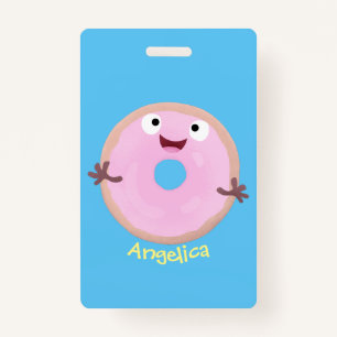 Cute happy pink glazed doughnut cartoon ID badge