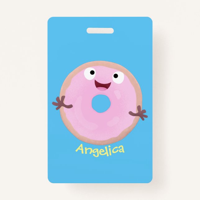 Cute happy pink glazed doughnut cartoon ID badge (Front)