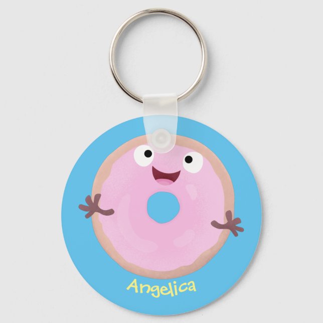 Cute happy pink glazed doughnut cartoon key ring (Front)