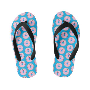 Cute happy pink glazed doughnut cartoon kid's thongs