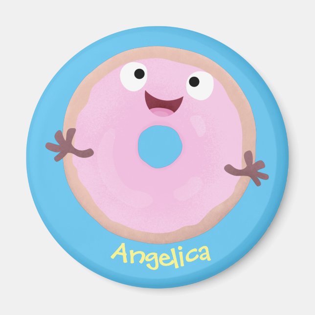 Cute happy pink glazed doughnut cartoon magnet (Front)
