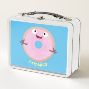Cute happy pink glazed doughnut cartoon metal lunch box