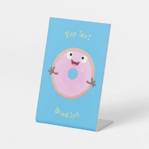 Cute happy pink glazed doughnut cartoon pedestal sign