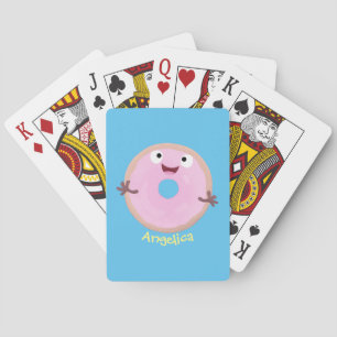 Cute happy pink glazed doughnut cartoon playing cards
