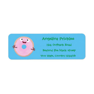 Cute happy pink glazed doughnut cartoon return address label