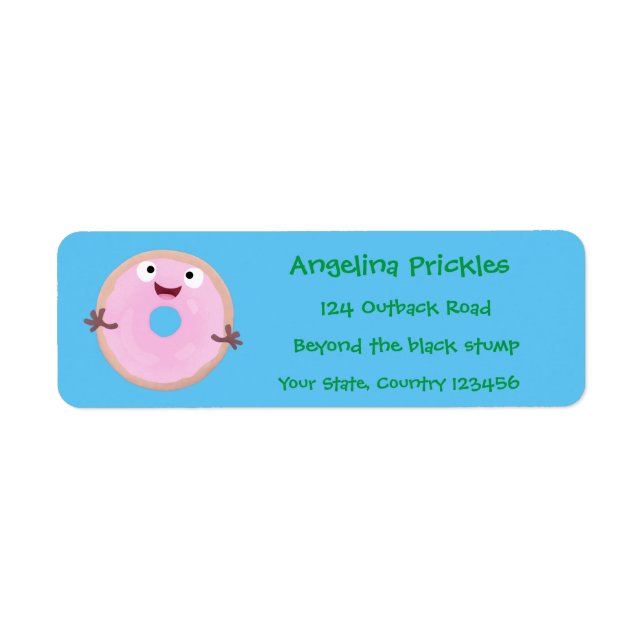 Cute happy pink glazed doughnut cartoon return address label (Front)