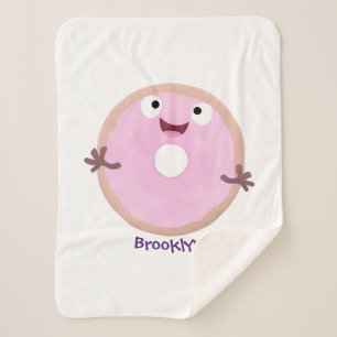 Cute happy pink glazed doughnut cartoon sherpa blanket