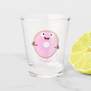Cute happy pink glazed doughnut cartoon shot glass