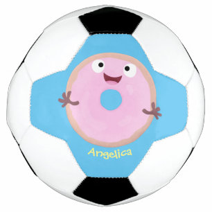 Cute happy pink glazed doughnut cartoon  soccer ball