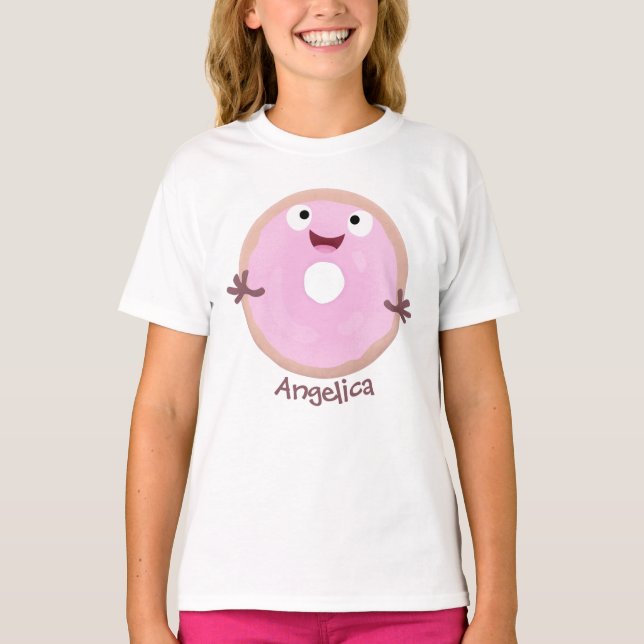 Cute happy pink glazed doughnut cartoon T-Shirt (Front)