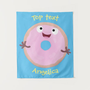 Cute happy pink glazed doughnut cartoon tapestry