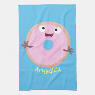 Cute happy pink glazed doughnut cartoon tea towel