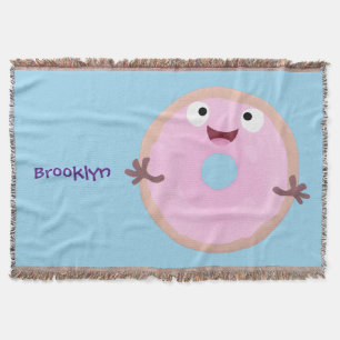Cute happy pink glazed doughnut cartoon throw blanket