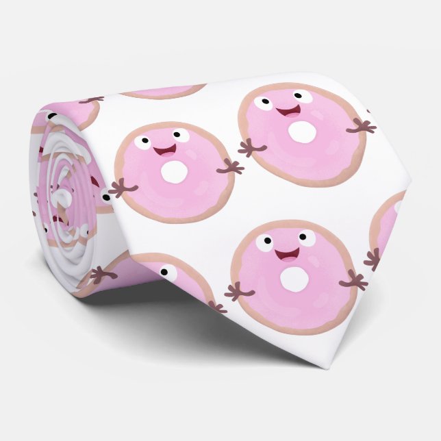 Cute happy pink glazed doughnut cartoon tie (Rolled)