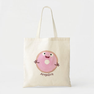 Cute happy pink glazed doughnut cartoon tote bag