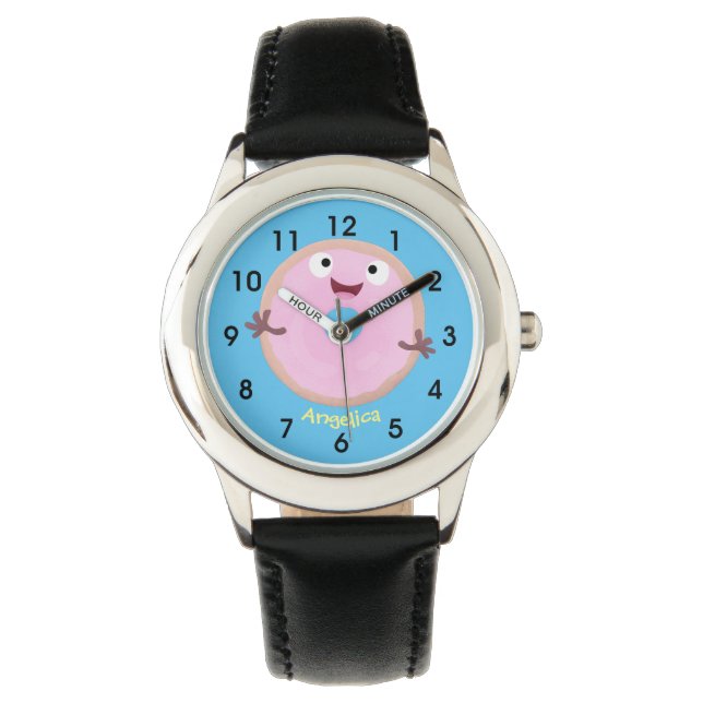Cute happy pink glazed doughnut cartoon watch (Front)